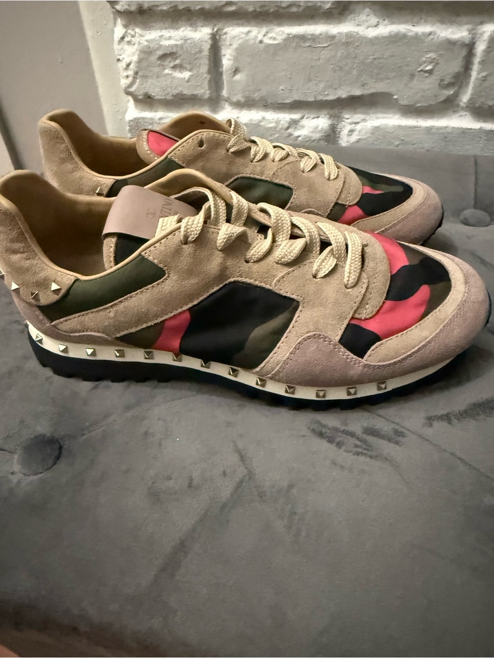 Valentino Beige Suede Camouflage Accent Sneakers with Pink Panels